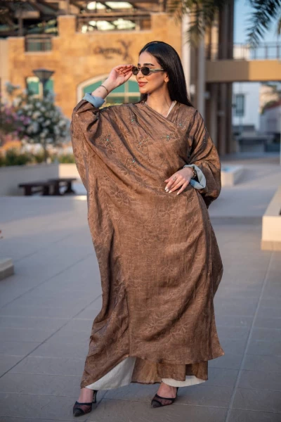 Brown crepe jacquard abaya C:IB312